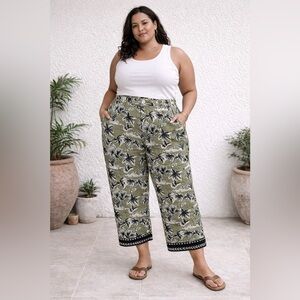 Tahari Linen Palm Print Pants Green Island‎ Style Size XL